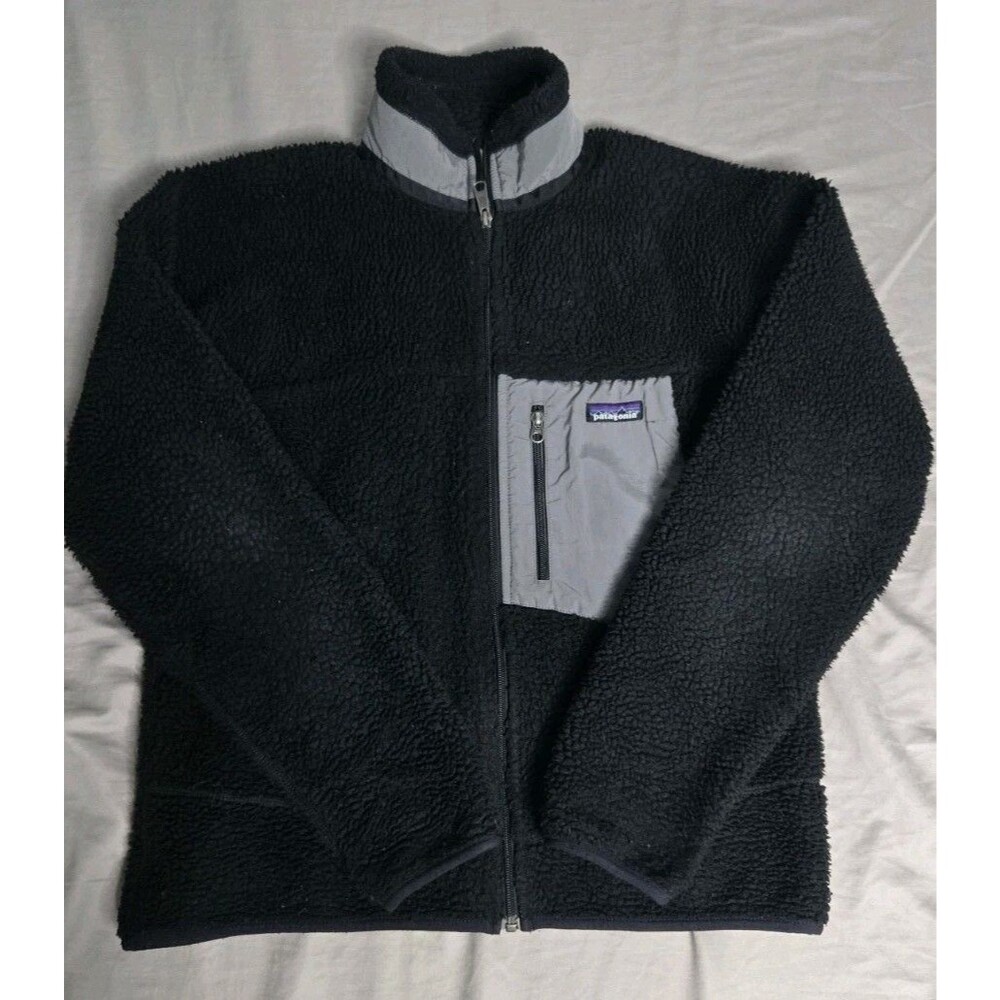 Patagonia Jacket Mens M Black Gray Full Zip Zipped Pockets Stand Collar Retro-X